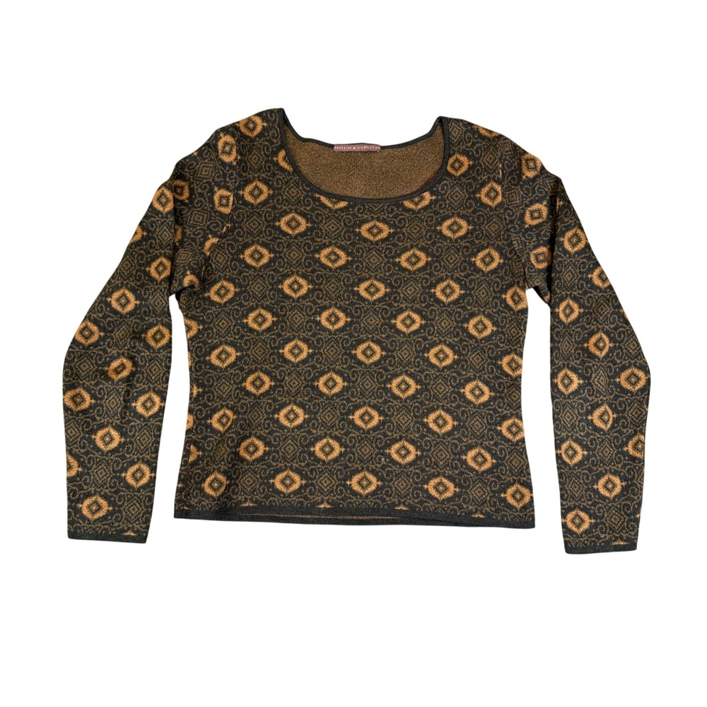 Peruvian Connection Brown Geometric Diamond Knit Scoop Neck Sweater Top